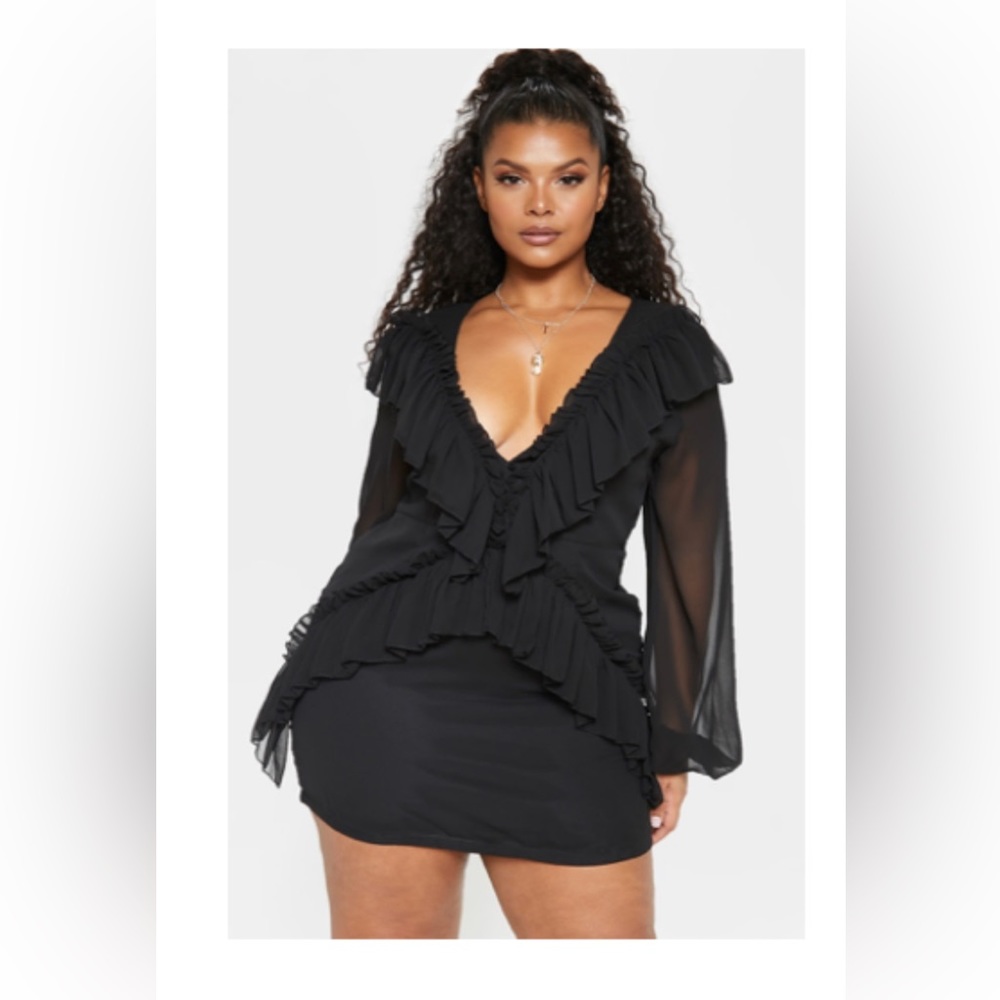 Plus Black Chiffon Frill Detail Bodycon Dress